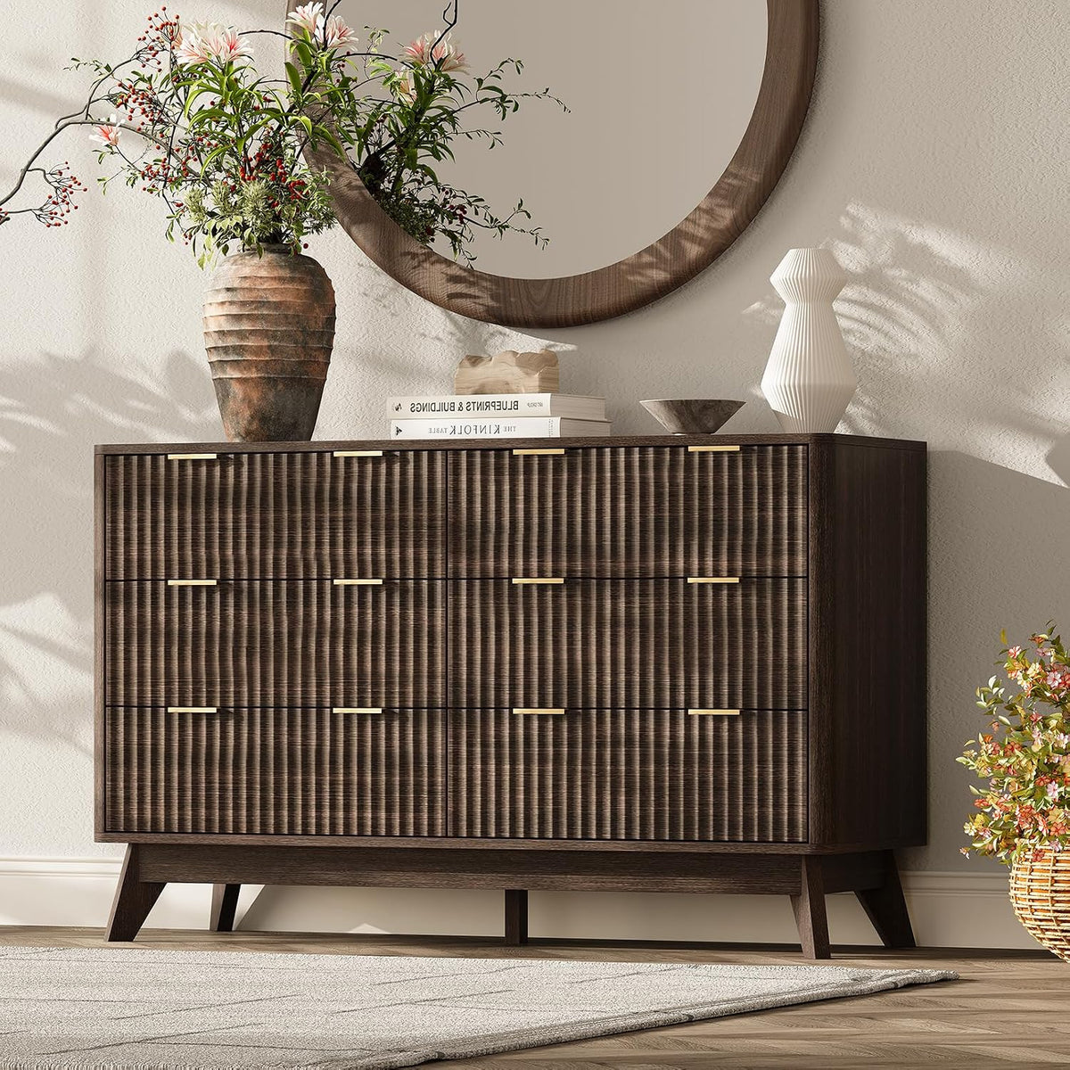47" wide fluted 6 drawers dresser for bedroom,curved shown in use
