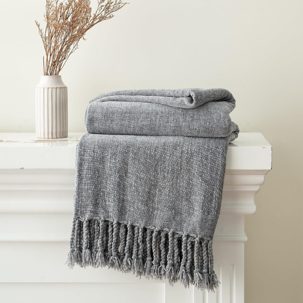 BATTILO HOME Light Gray Chenille Throw Blanket for Couch, Soft Cozy Textured ...