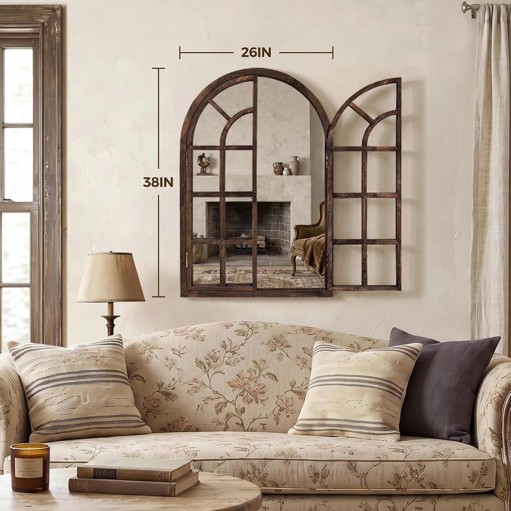 Farmhouse Window Mirror for Wall, 38 X 26 Inch Rustic Wood Frame