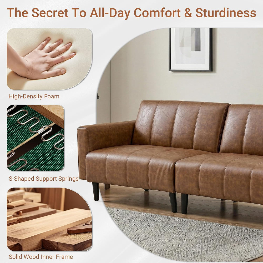 83" Mid Century Modern Faux Leather Sofa, Brown Leather Futon Sofa