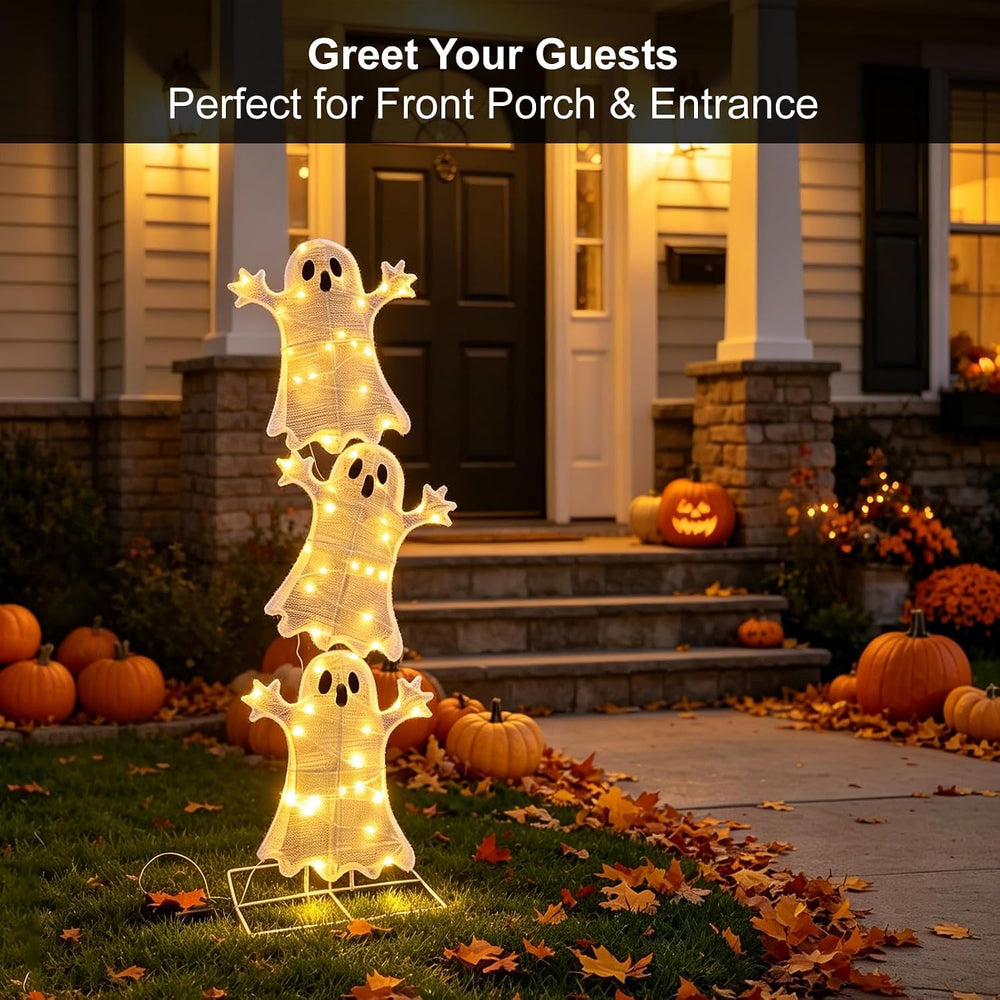 Halloween Decorations Lighted 3 Stacked Ghosts, Freestanding LED Ghost Yard S...