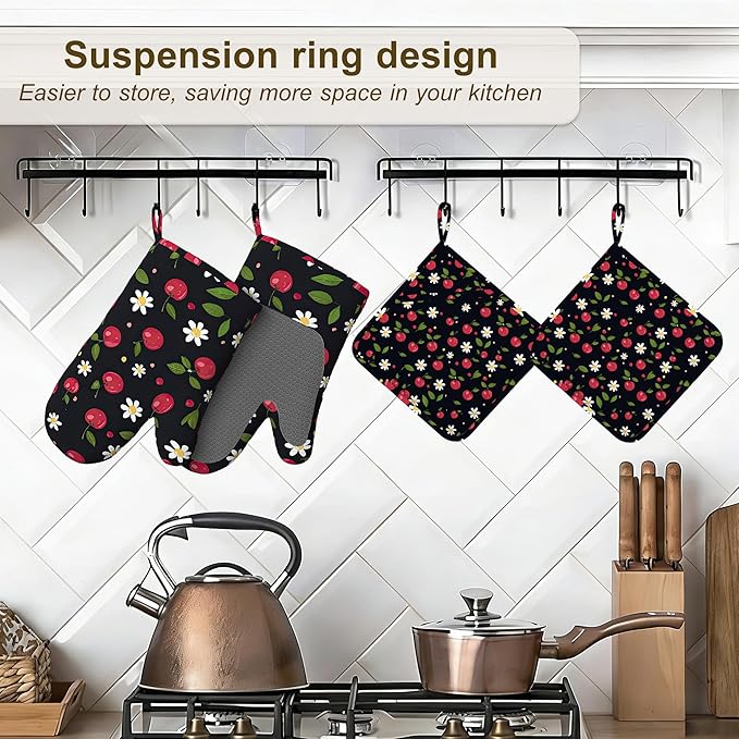Cherry Oven Mitts and Pot Holders Sets of 4, Heat Resistant Daisy Floral - Image 5