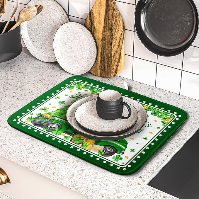 Shamrock Gnome Truck Dish Drying Mat Lucky Clover Dish Drainer Mat 16x18 inch - Image 5