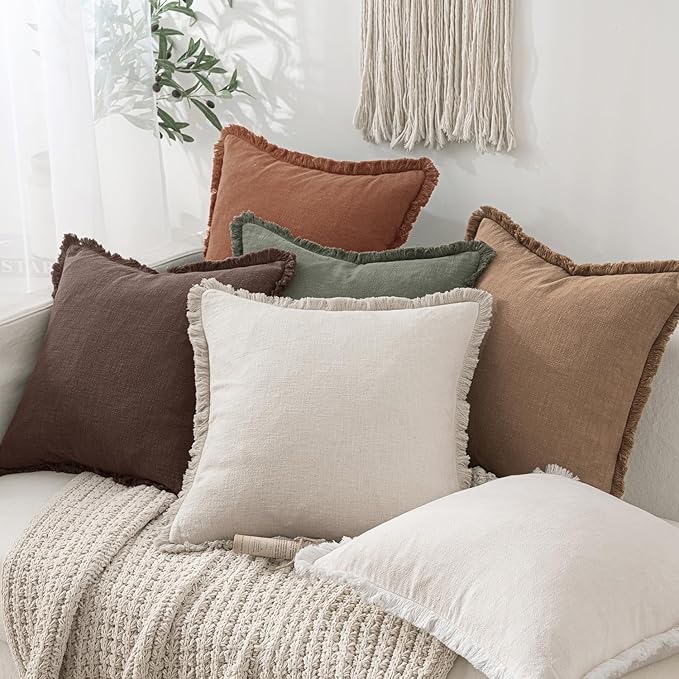 MIULEE Decorative Throw Pillow Covers Neutral Linen Fringe Throw Pillows Euro - Image 5