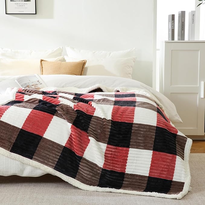 PU MEI Sherpa Blanket Twin Plaid Thick Bed Blanket, 60”*80” Super Soft Flannel - Image 3
