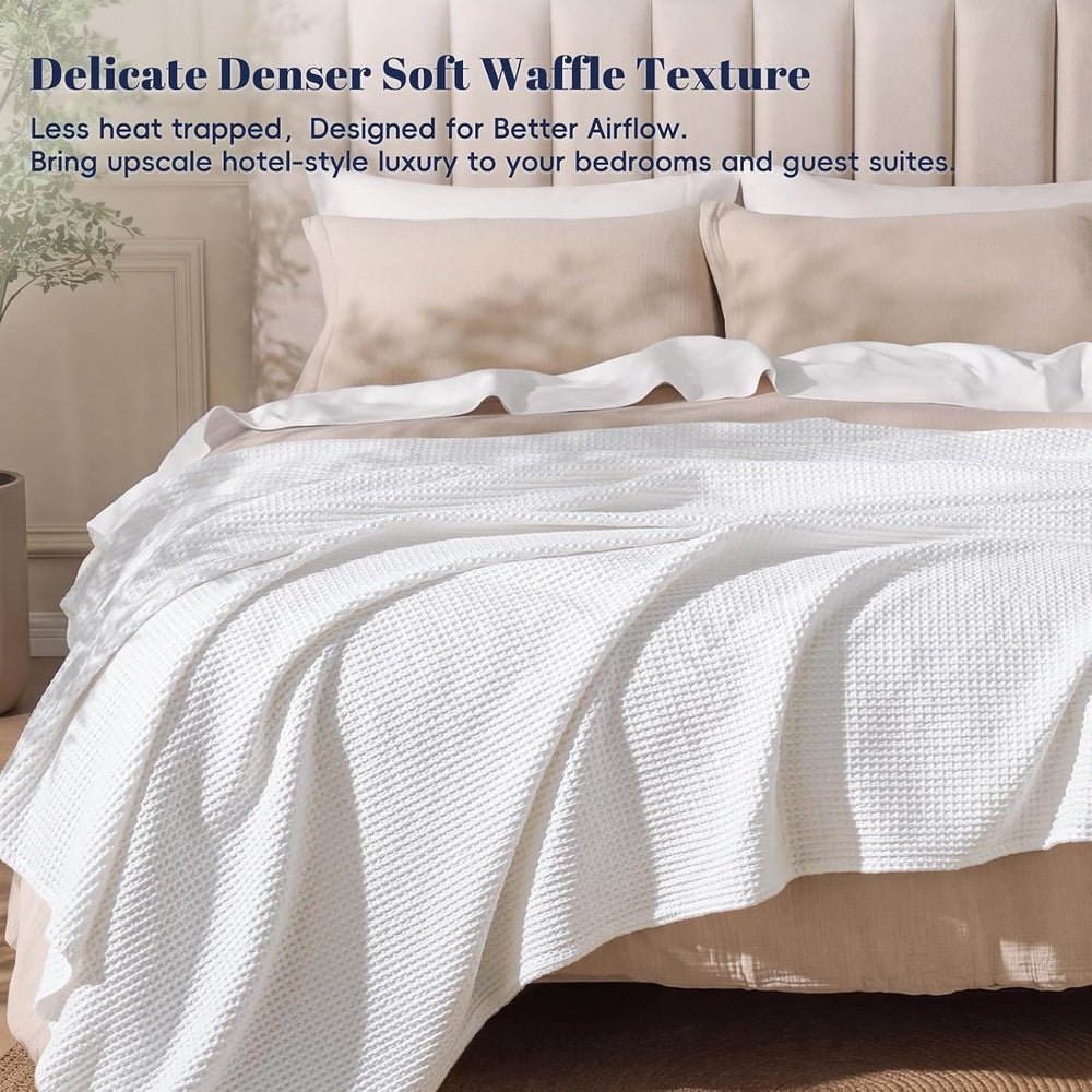 PHF 100% Cotton Waffle Blanket Lightweight Breathable, Queen Size, White