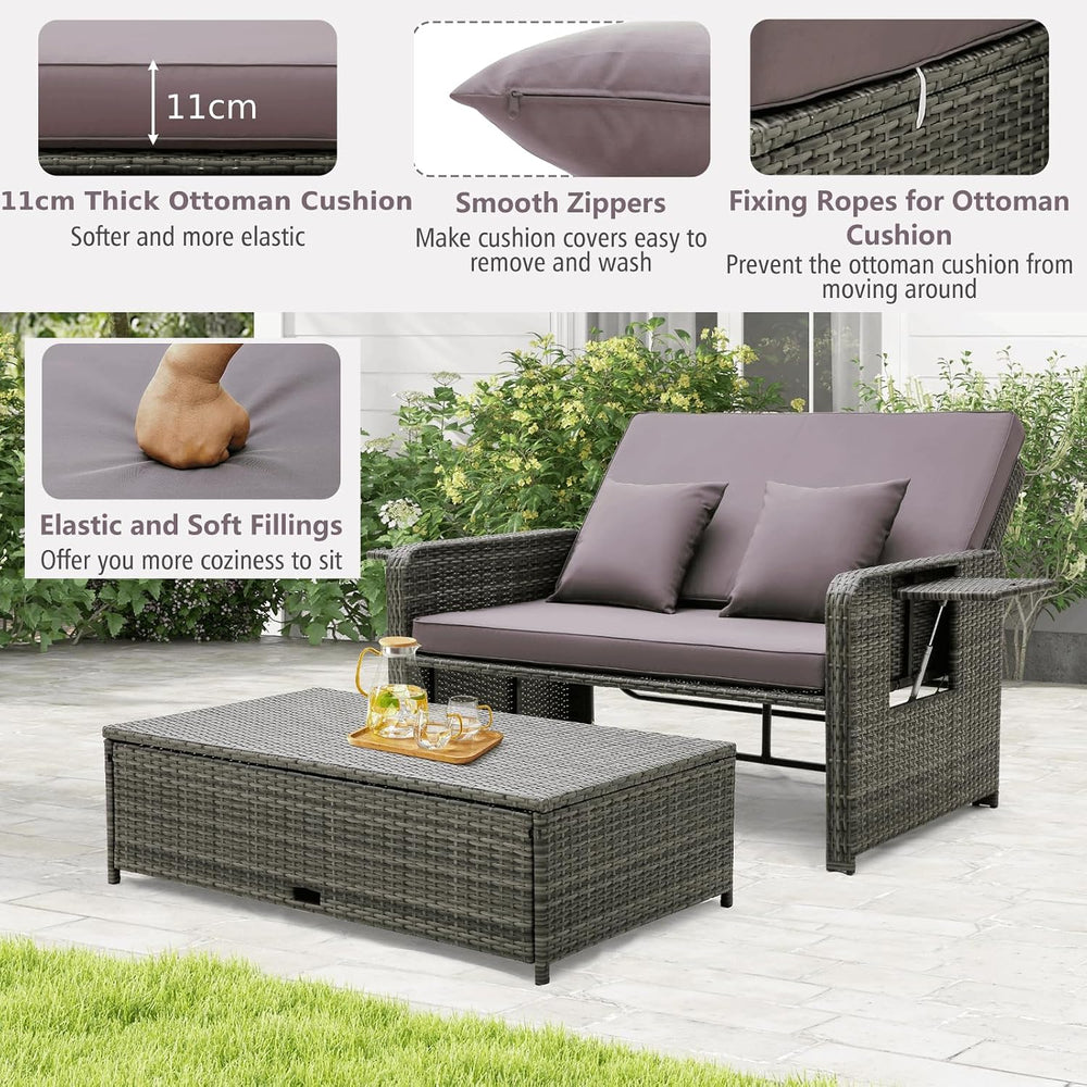 Multigot Double Rattan Daybed, 4-Level Adjustable Wicker Sun Lounger with Sto...
