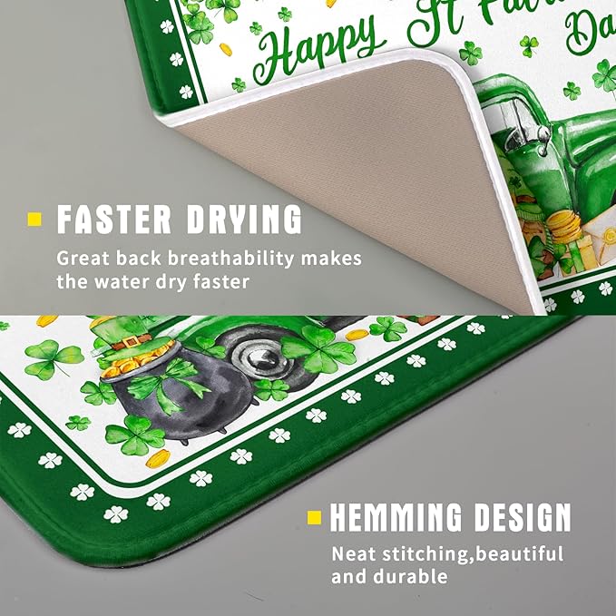 Shamrock Gnome Truck Dish Drying Mat Lucky Clover Dish Drainer Mat 16x18 inch - Image 3