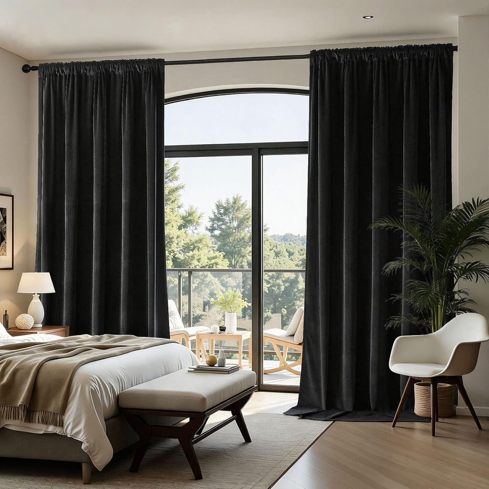 Joydeco Black Velvet Curtains 90 inch Length 2 Panels, Luxury Blackout Rod Po...