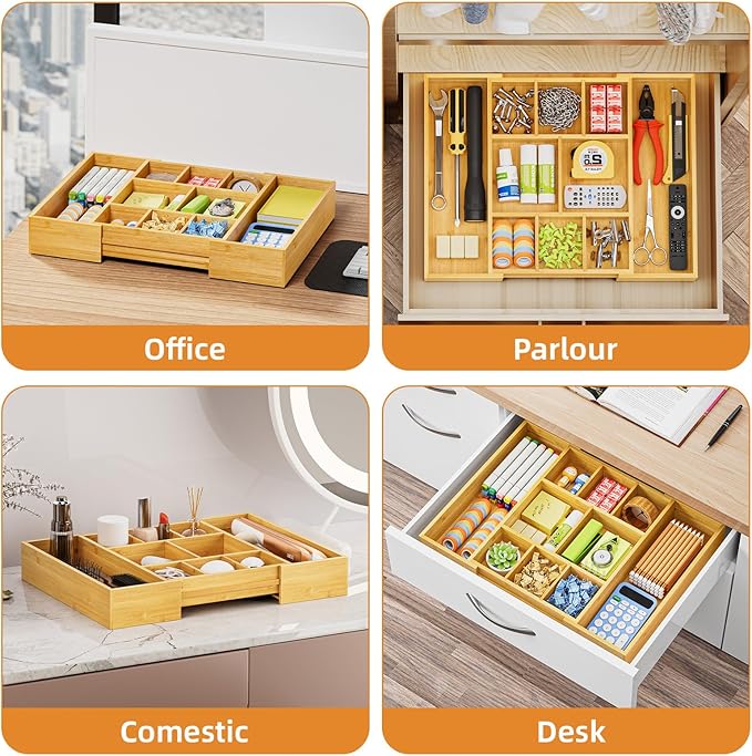 Marbrasse Bamboo Expandable Drawer Organizer, Desk Drawer Organizer Tray - Image 4