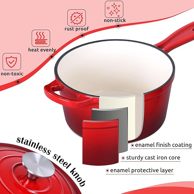 HaSteeL 3 QT Cast Iron Saucepan, Enamel dutch oven