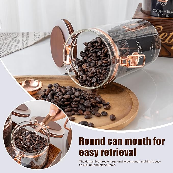 Glass Coffee Canister Set with Torched Wood Shelf, 2 Pack 45oz Airtight Storage - Image 3