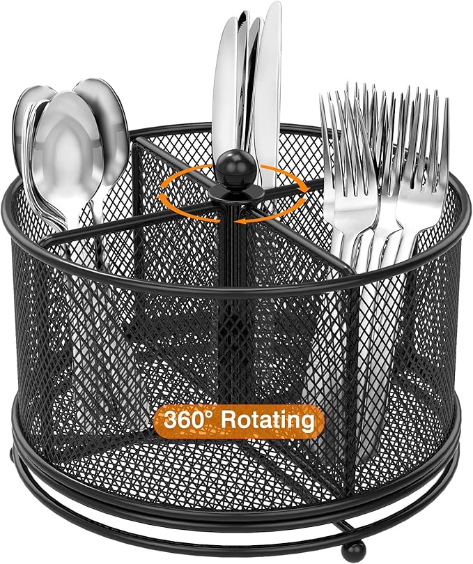 360° Rotating Metal Utensil Caddy, 4 Compartment Silverware Cutlery Holder by Unknown