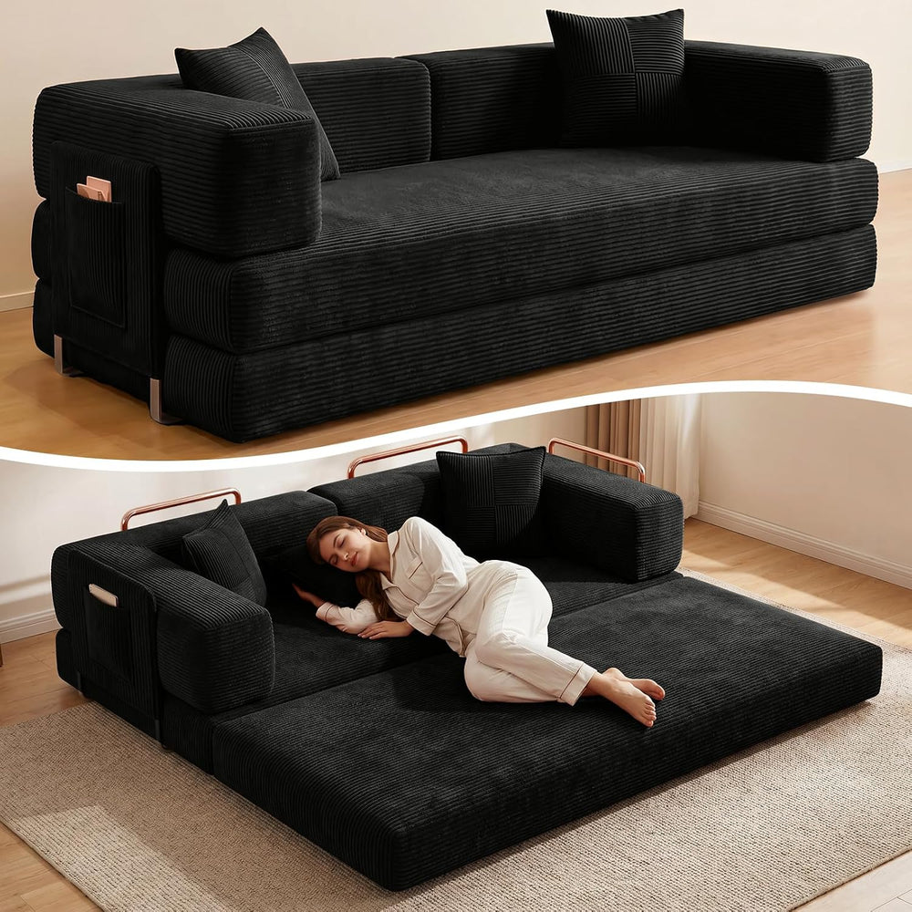 Convertible Futon Sofa Bed | 78.8” Corduroy Boneless Couch with Pull Out Sofa...