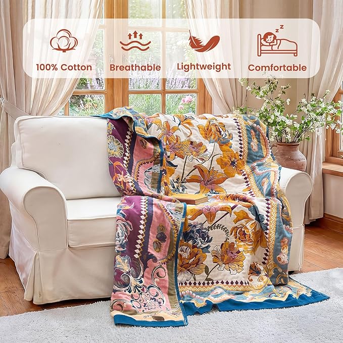 MSGKV Boho Throw Blanket 90"x90" Bed Floral 100% Cotton Blanket Spring - Image 2