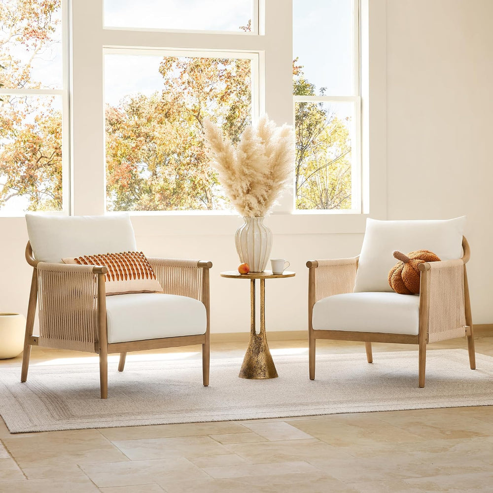 CHITA Braid Accent Chair with Wood Frame and Paper Cord Armrest, Cream