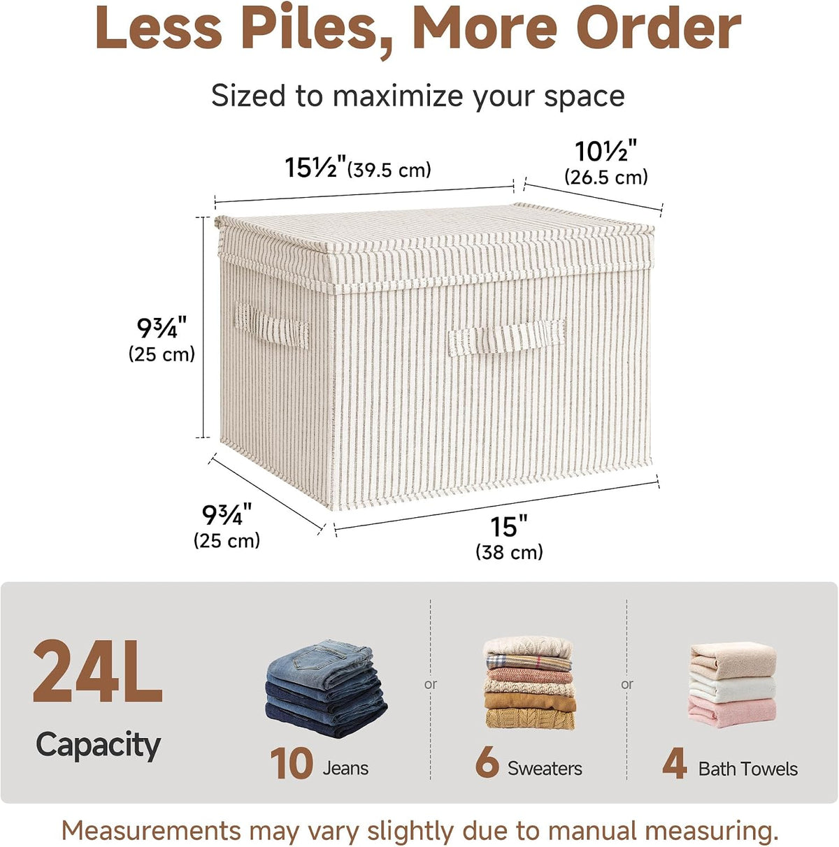 storageworks fabric storage bins with lids, closet storage shown in use