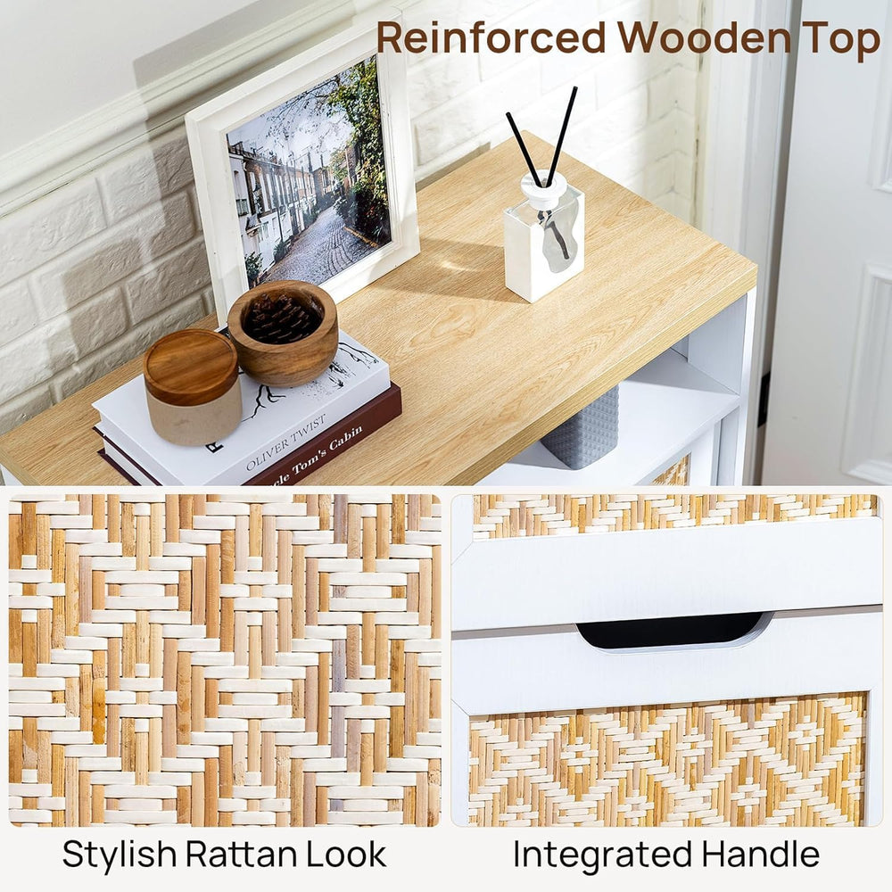 Sideboard Buffet Cabinet with Storage, Rattan Door and 3 Drawers, White | Sli...