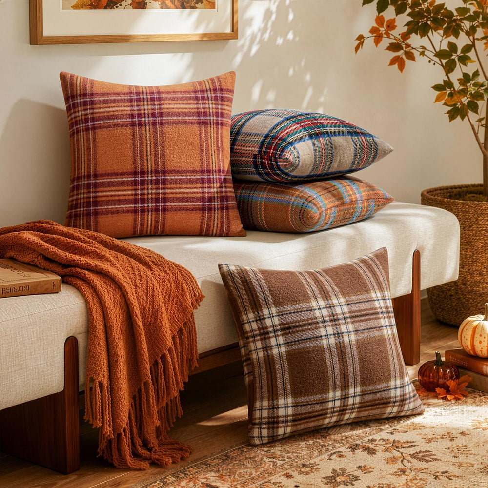MIULEE Fall Plaid Decorative Pillow Covers Set of 2 16x16 Orange