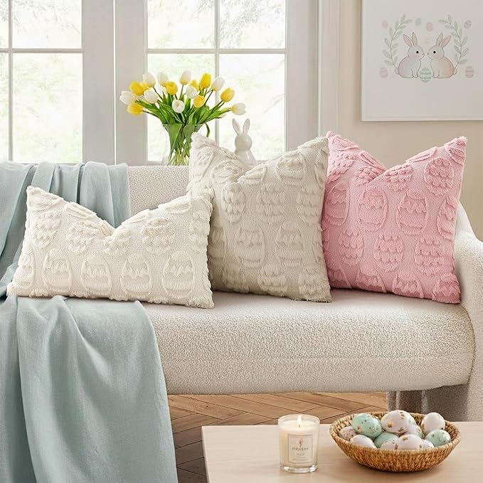 decorUhome Easter Beige Egg Pillow Covers 16x16 Inch Set of 2, Soft Plush Faux - Image 3