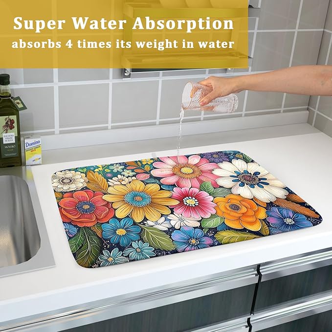 Giwawa Boho Flower Dish Drying Mat, Colorful Floral Leaf Dish Drainer Mats - Image 7