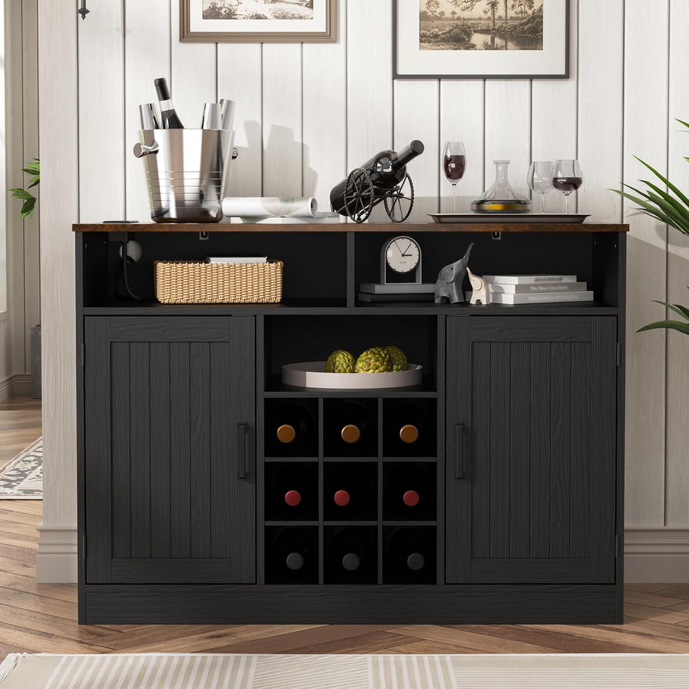 MHOM Farmhouse Coffee Bar Cabinet with Power Outlets, Rustic Buffet Sideboard...
