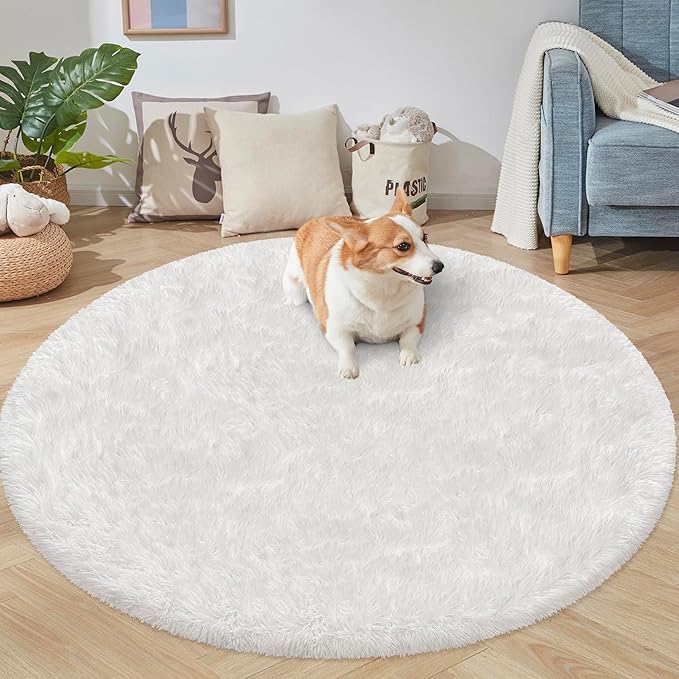 5x5 ft Tie Dye White Round Rug for Bedroom Room Fluffy Circle Rug Furry Carpet - Image 5