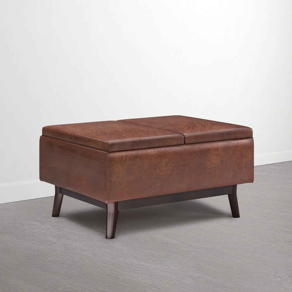 SIMPLIHOME Owen 34" Vegan Leather Storage Ottoman in Distressed Pecan Brown