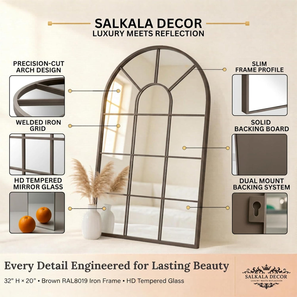Brown Arched Windowpane Mirror 32x20 Inch, Bathroom Mirror Vanity Mirror for ...