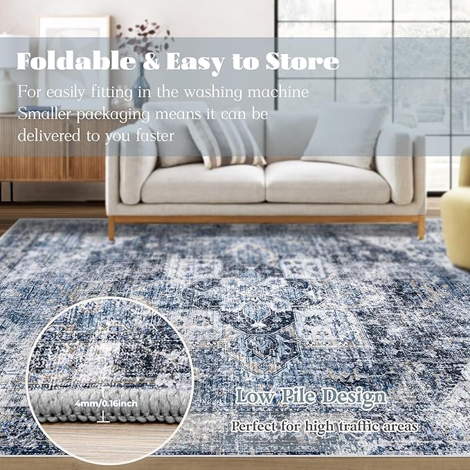 Area Rug 8x10 Washable Rug, Vintage Boho Medallion Rugs Non-Slip Soft Low Pile - Image 7