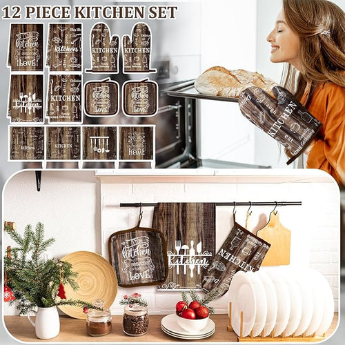 12 Pcs Farmhouse Kitchen Oven Mitts and Pot Holders Decor Sets 4 Wood Kitchen - Image 2