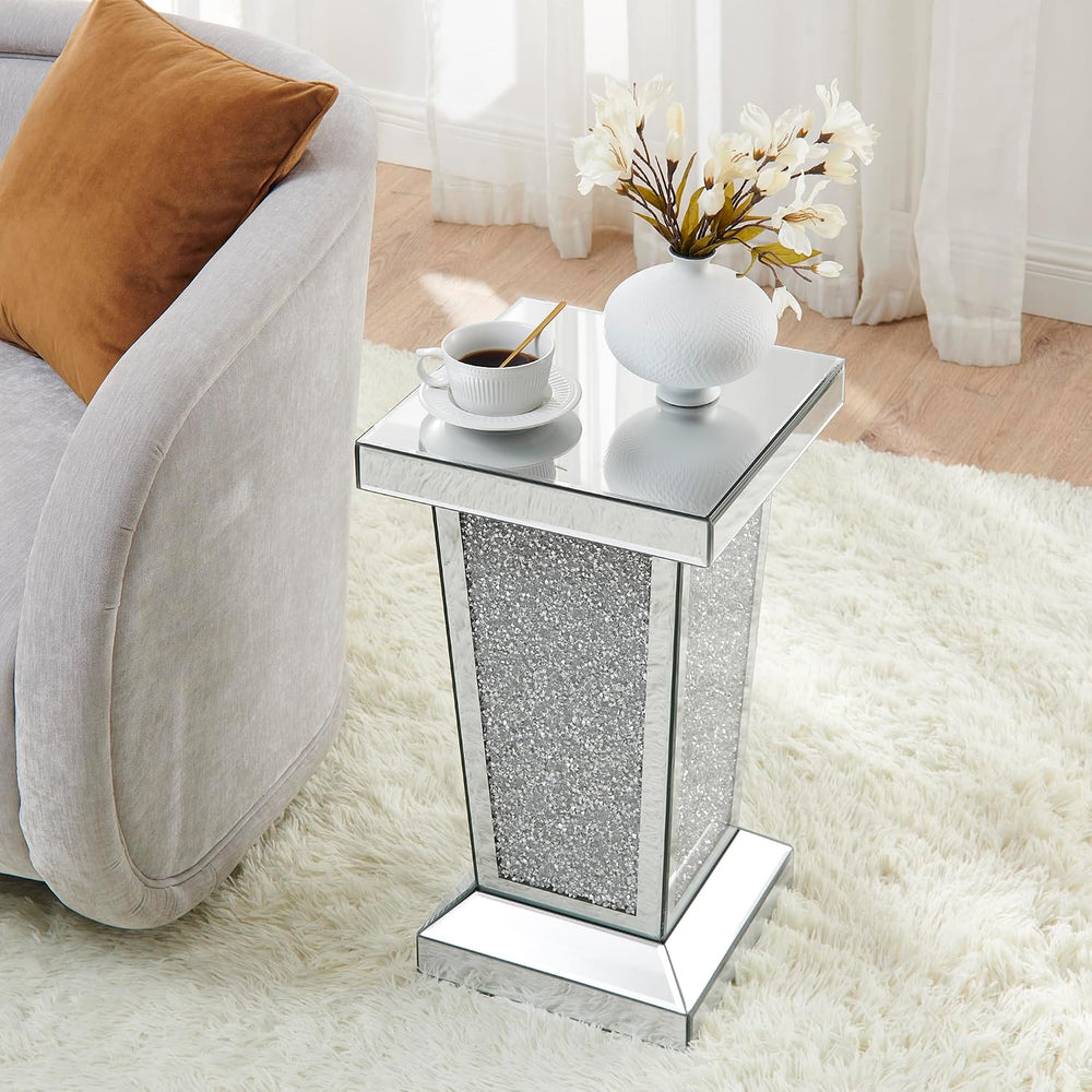 Silver Mirrored End Table with Crystal, Modern Side Accent Table, Square Smal...
