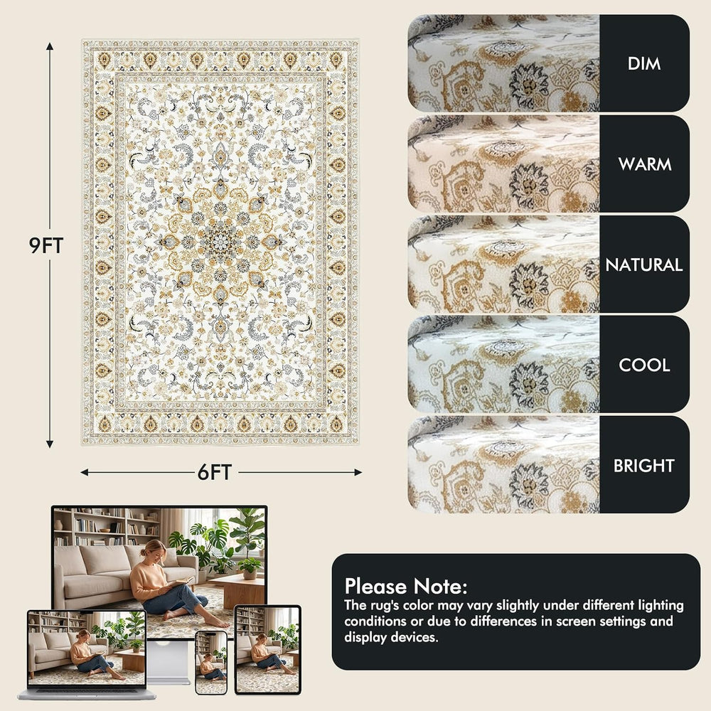 Fixwal Washable 6x9 Area Rug for Living Room, Non-Slip, Beige