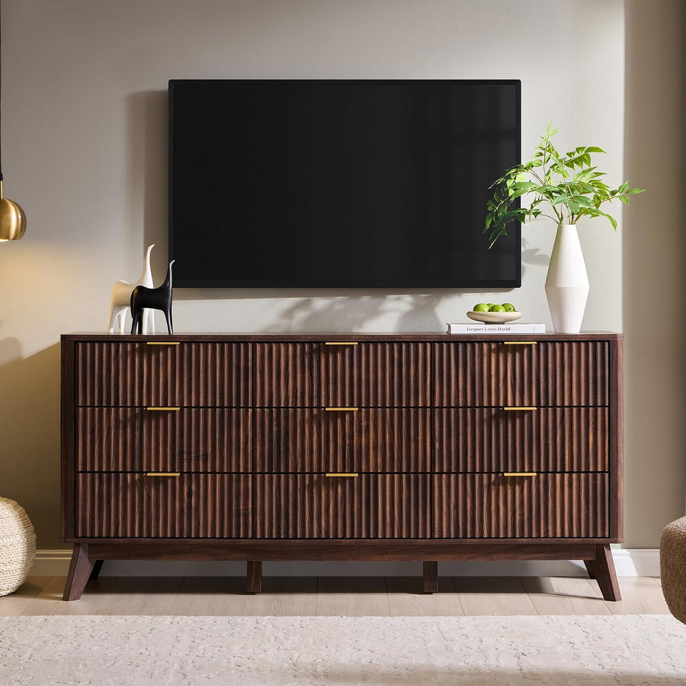 T4TREAM 63" Wide Fluted 9 Drawer Dresser for Bedroom, Dark Walnut