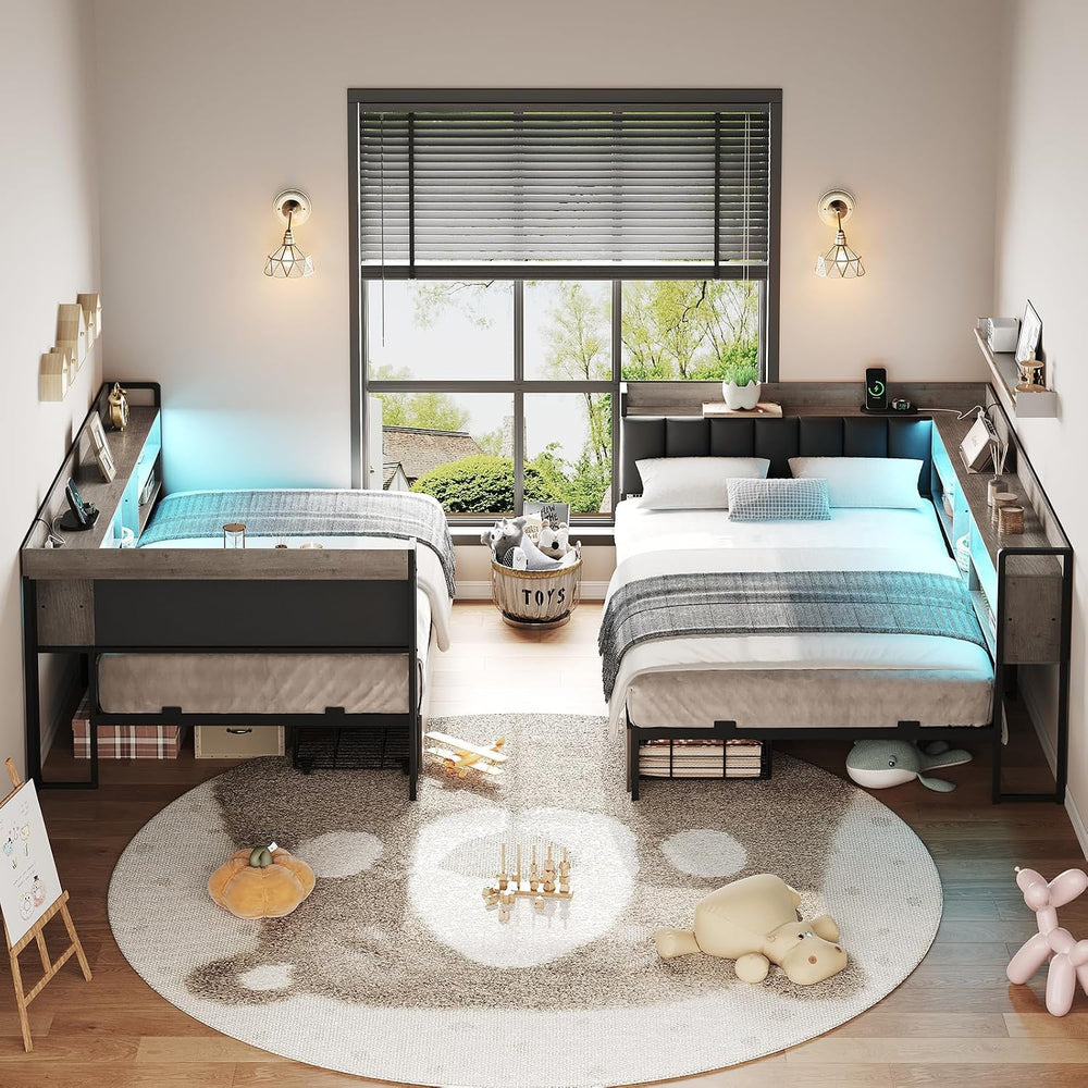 Twin Corner Bed Frame with Bookcase Storage and PU Upholstered, Twin Daybed w...