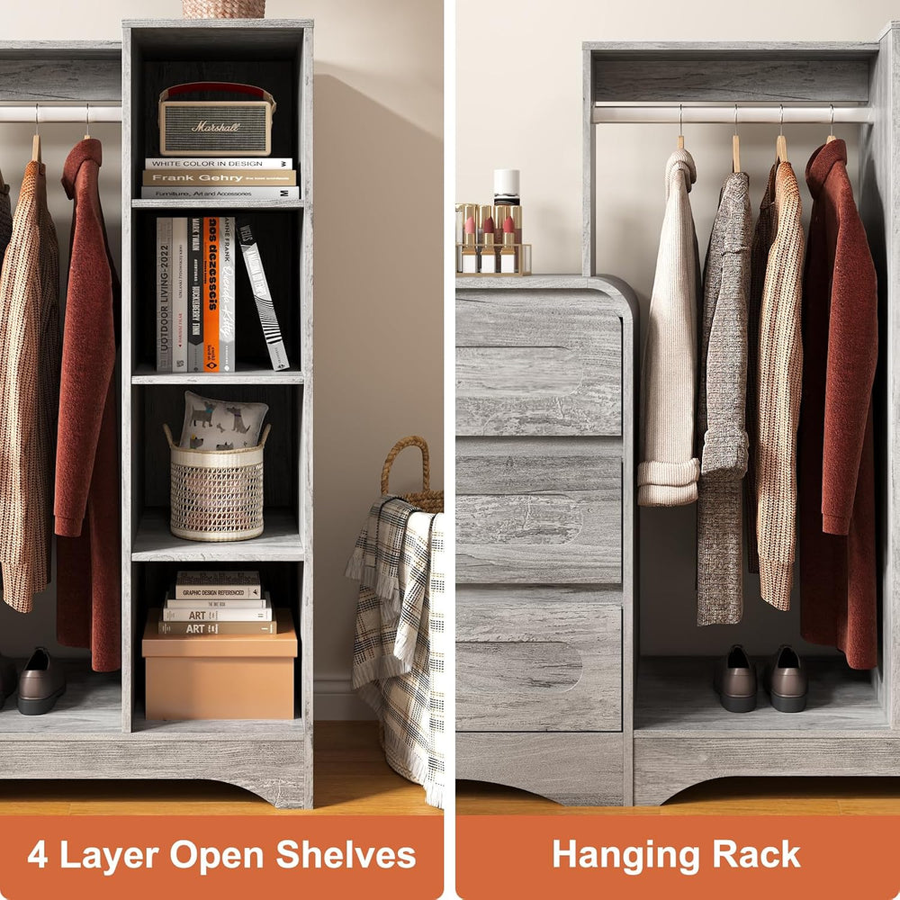 Dresser with Clothes Hanging Rack, Wardrobe Closet w/ 3 Drawers and Shelves