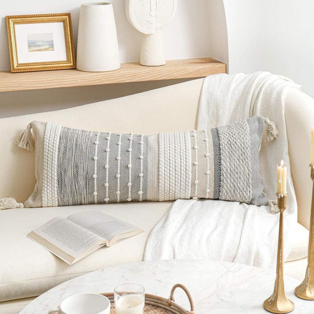 BlissBlush Gray Boho Lumbar Throw Pillow Cover 14x36 Grey Accent Long Body Lu...