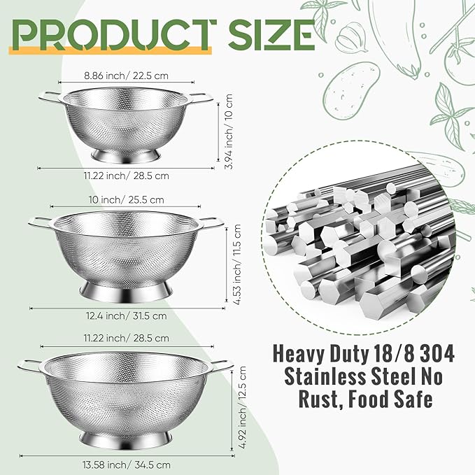 Bokon 3 Pcs Stainless Steel Colander Set Colander Bowl and Sieves 1/3/5 Quart - Image 2