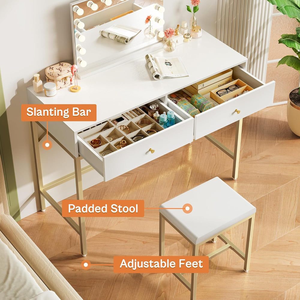 SUPERJARE 35.4" White and Gold Desk with 2 Drawers, Modern Makeup Vanity...