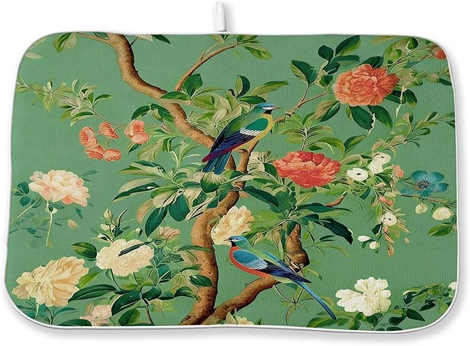 Chinoiserie Dish Drying Mat 18 x 24 Inch Vintage Green Bird Floral Drying Mat by Sorktse