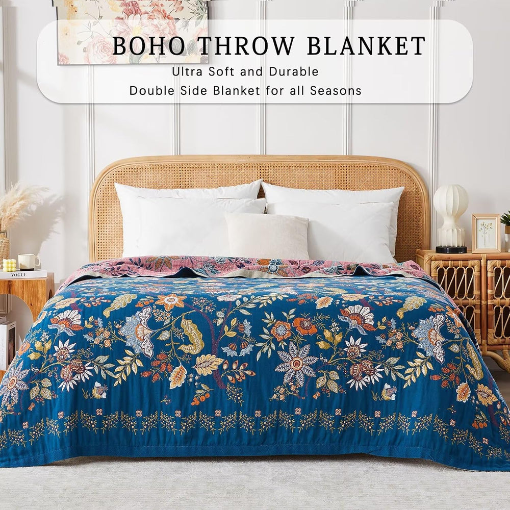 Boho Blanket Soft Muslin BohoThrow Blanket, 100% Cotton Floral Printed Farmho...