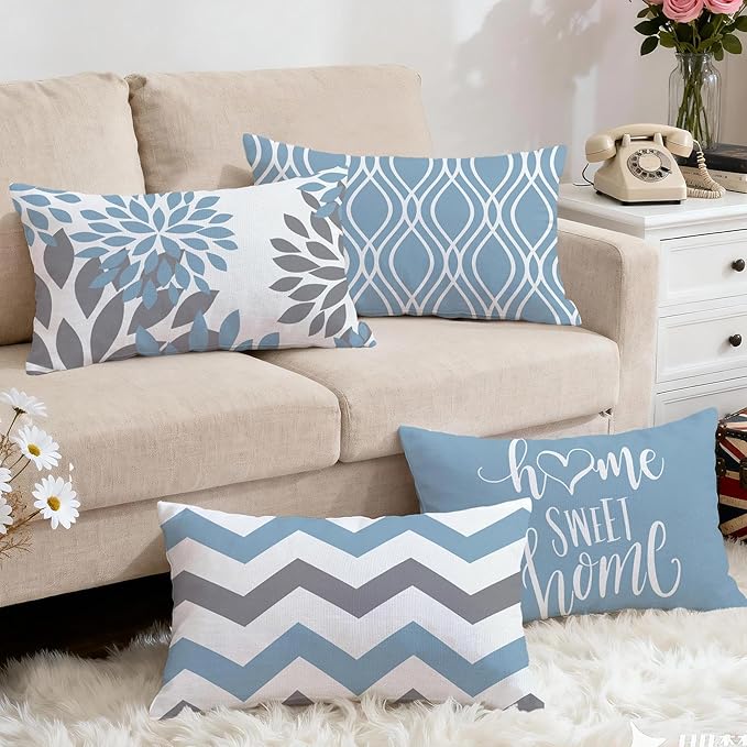 Hexagram Geometric Aqua Blue Pillow Covers 12x20 Set of 4, Decorative Outdoor - Image 5