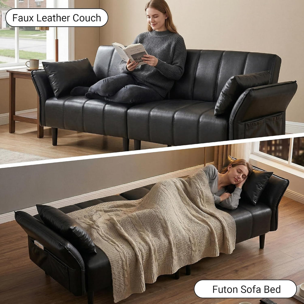 83" Mid Century Modern Futon Sofa Bed, Black Faux Leather Couch