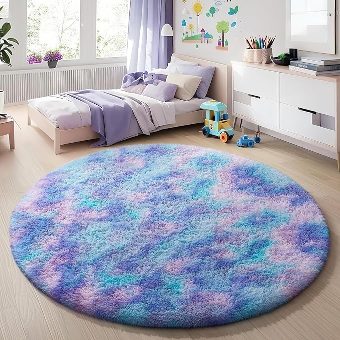Ophanie Round Rugs 5Ft Tie-Dye Rainbow Purple Area Rug, Aesthetic Room Decor by Ophanie