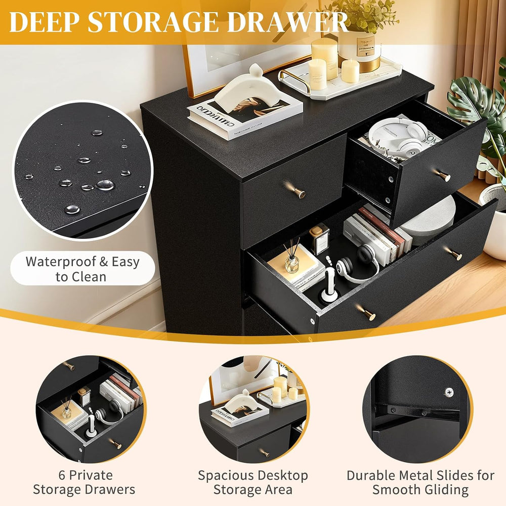 Karl home Black 6 Drawer Dresser, Rose Gold Handle Modern Bedroom Chest