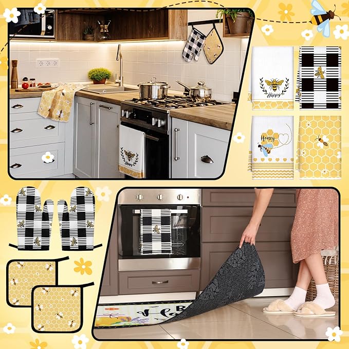 Fourluoo 10 Pcs Bee Kitchen Decor Set Honey Bee Dish Towels Rugs Oven Mitts and - Image 6