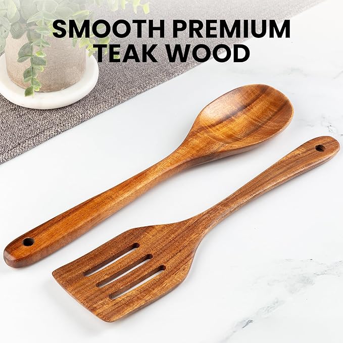 Zulay Kitchen Teak Wood Utensil Set – 2 Piece Large Wooden Cooking Spoon and - Image 4
