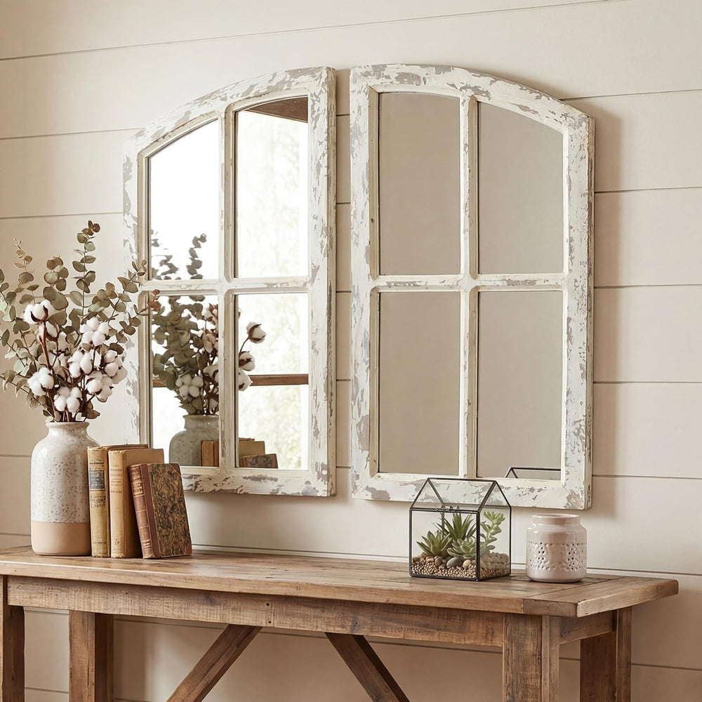 FLORA Farmhouse Mirror, Decoration Wood Arch Window Wall Mounted Mirror