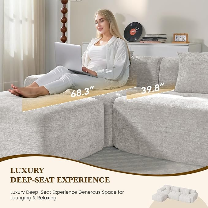 122" L Shaped Convertible Modular Couch, Cloud Couch Sectional with Otto...