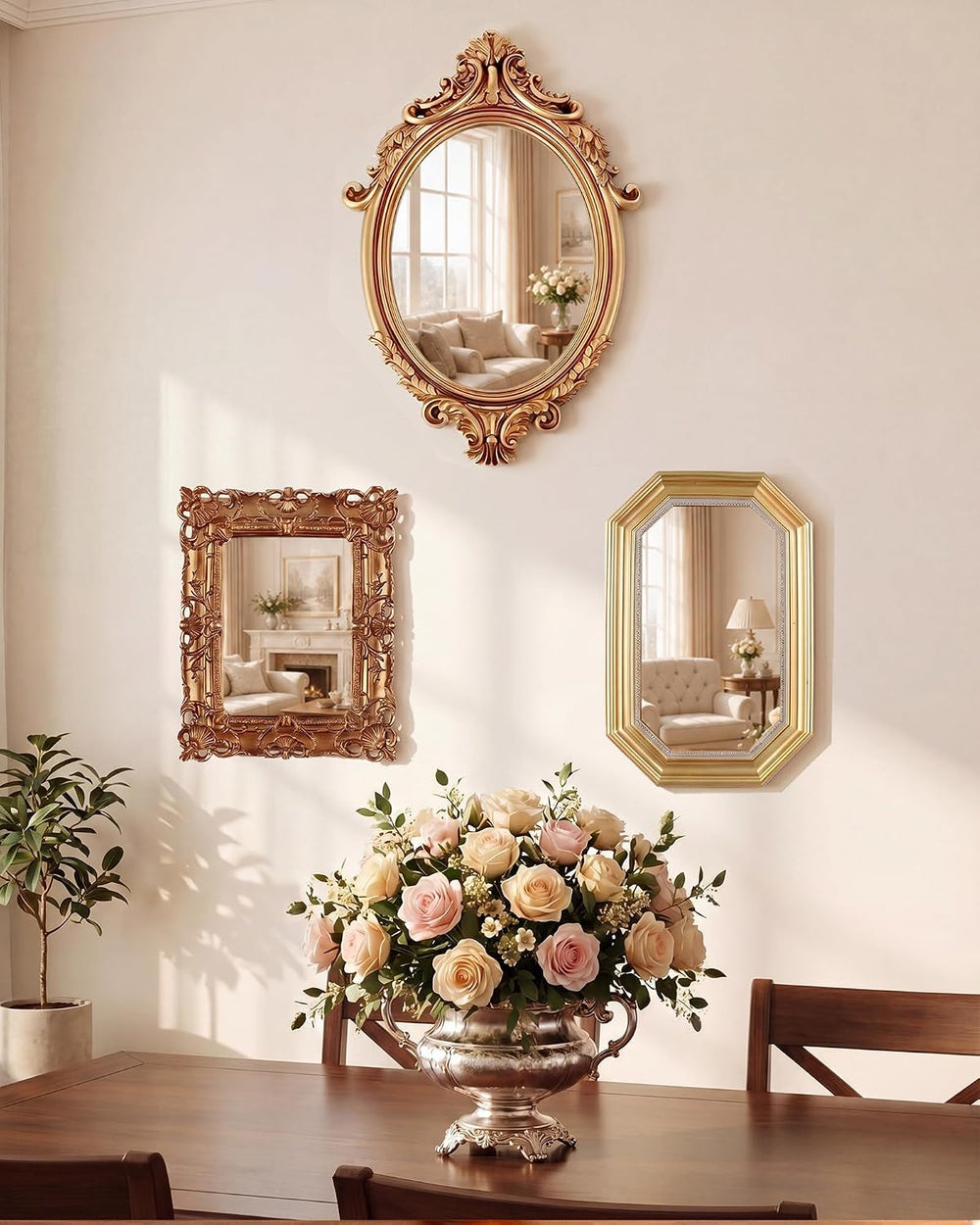3 Pcs Vintage Gold Wall Mirror Set, Court Baroque Style